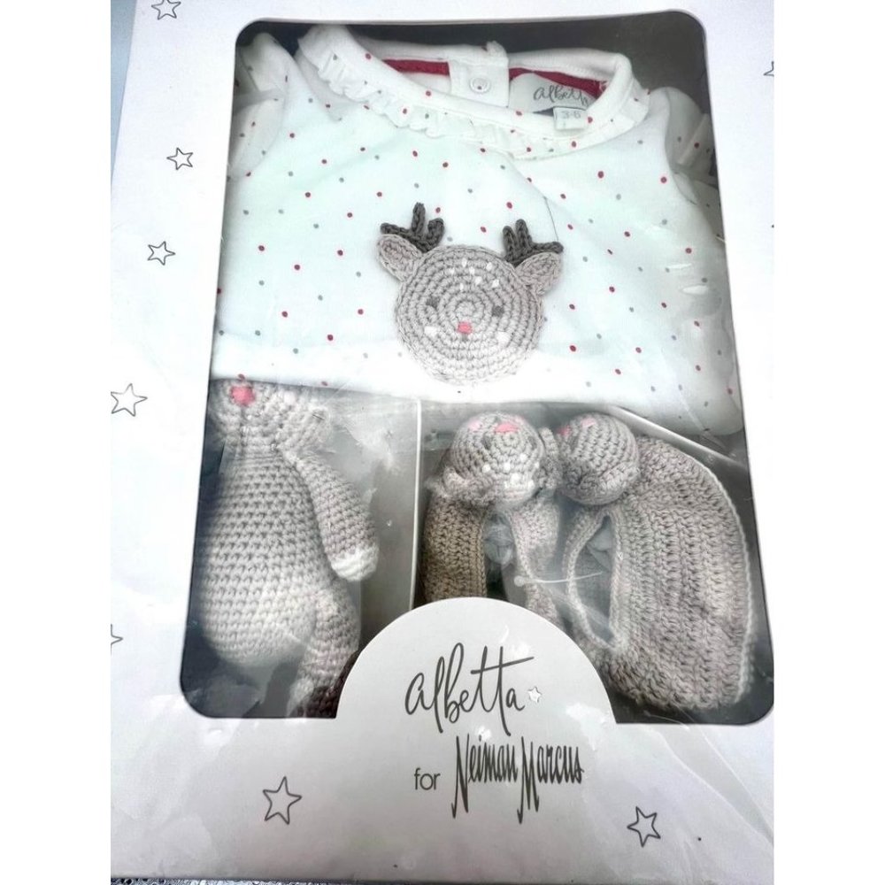 Albetta for Neiman Marcus Reindeer Set Crochet 3-6 Months Booties, Onesie, Stuff